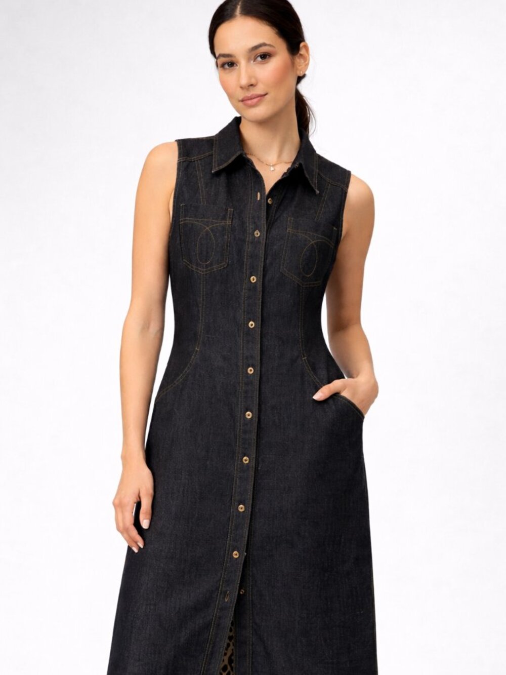 Donna Morgan Denim Shirt Dress Sleeveless Utility Button Front Stretch Cotton 6